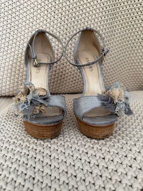 Bakers Gray Ankle-Strap Platform Sandals with Fabric Flower